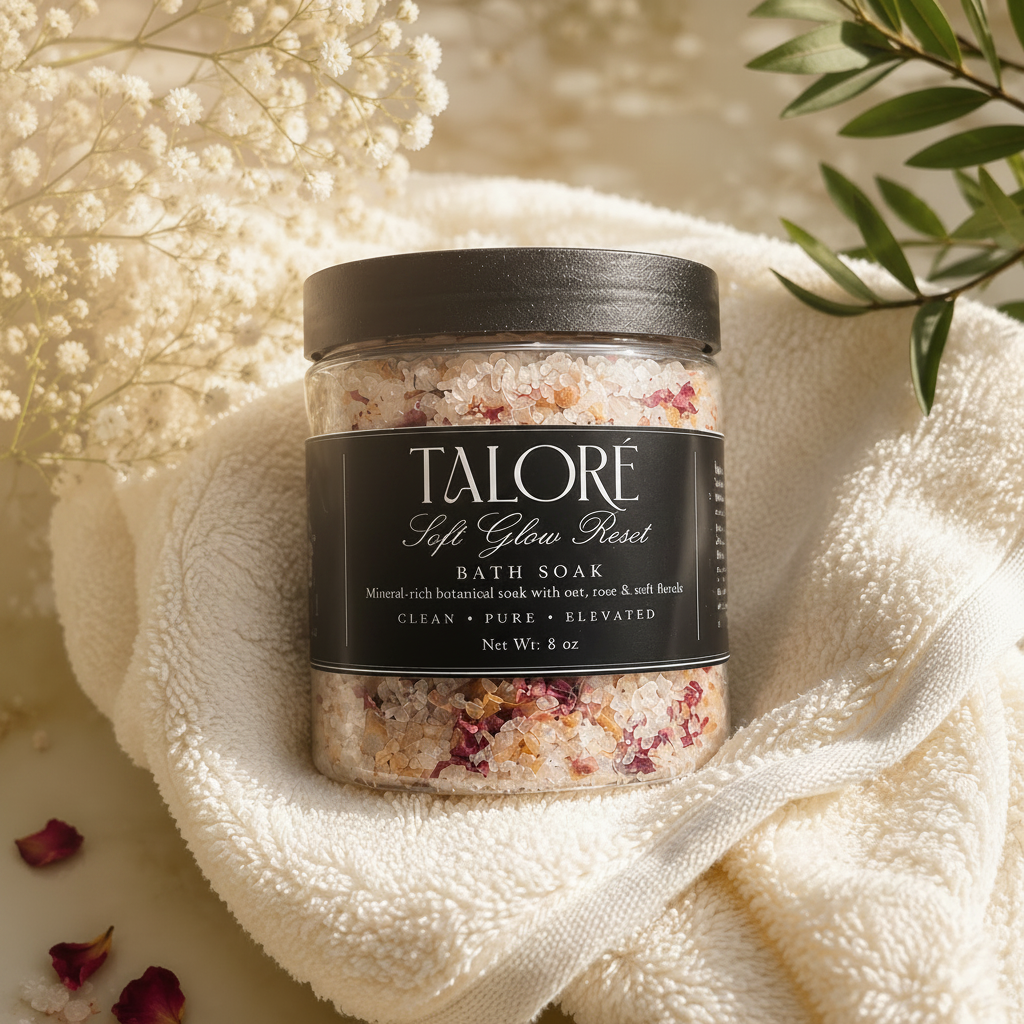 Talore bath soak jar on a towel with flowers and leaves in the background